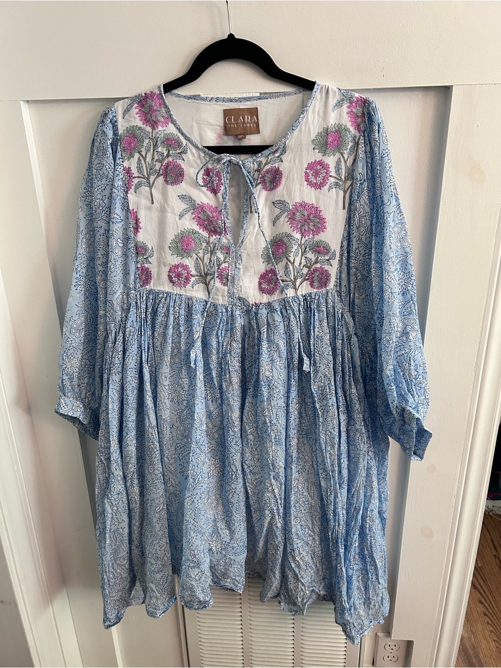 Clara The Label Blue Floral Block Print Mini Dress 2XL Boho Cotton